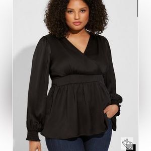 NWT Torrid Satin Surplice Tie Cut Out Back Long Sleeve Blouse